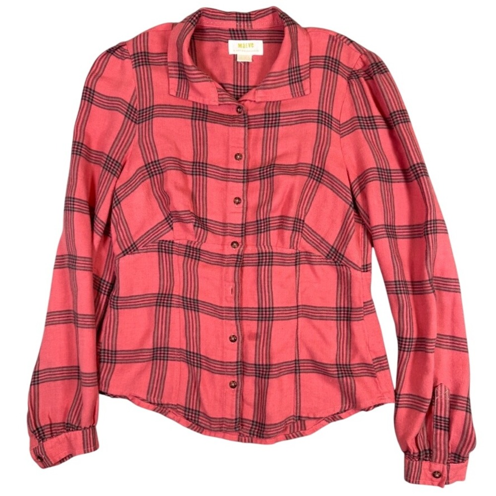Maeve Anthropologie Coral Pink Black Plaid Button Down Shirt Top Size 4